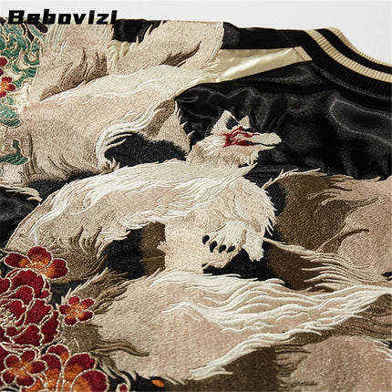High Quality Japanese Style Nine-tailed Fox Embroidered Motorcycle Jacket Streetwear Harajuku Hip Hop Men Baseball Coat Autumn