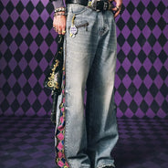 Jeans JoJo Anime con Pannelli Staccabili, Vita Alta, Gamba Larga, Stampa Denim, Viola e Oro, Patchwork, Taglio Dritto, per Uomo e Donna