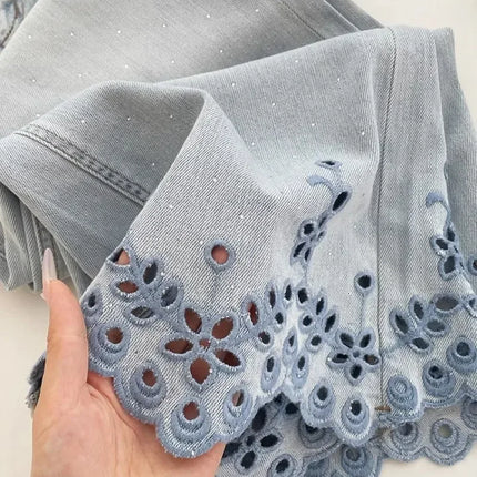 Jeans eleganti di lusso con strass ricamati vuoti allentati Jeans estivi da donna a vita alta pantaloni in denim dritti Y2K Casual Streetwear