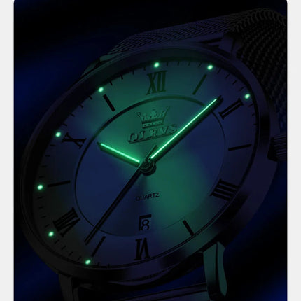 OLEVS 5623 Orologio al quarzo da uomo con quadrante minimalista con numeri romani, cinturino in maglia milanese, lancette luminose, datario, resistente all'acqua fino a 30 m platinumshop
