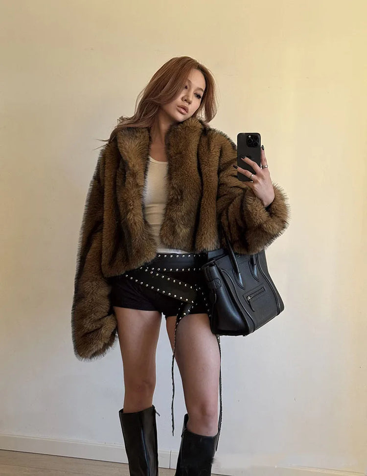 ZADORIN Oversized Fluffy Brown Faux Fur Coat Woman Clothes Winter Lapel Long Sleeve Short Fur Jackets for Woman Tops Outerwears