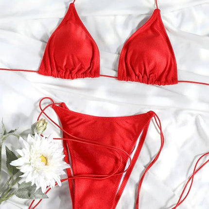 Set Bikini Triangolo Sexy Micro Thong, Costume da Bagno Donna, Biquini con Lacci, Abbigliamento da Spiaggia Stampato, Bikini Thong platinumshop