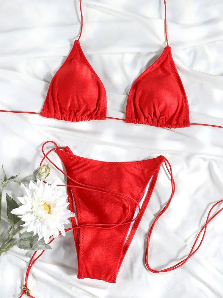 Set Bikini Triangolo Sexy Micro Thong, Costume da Bagno Donna, Biquini con Lacci, Abbigliamento da Spiaggia Stampato, Bikini Thong platinumshop