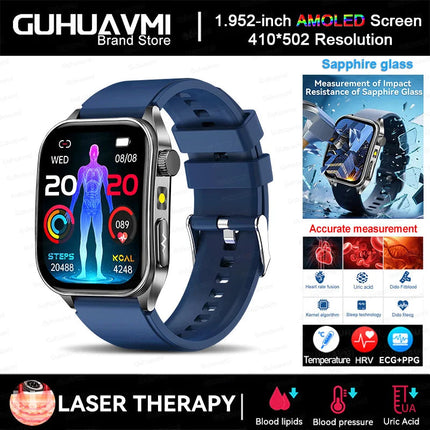 2025 Trattamento laser Tre Smartwatch alti 1.95 "Schermo curvo in zaffiro ECG + PPG Grasso nel sangue Acido urico Diagnosi salute Smartwatch platinumshop