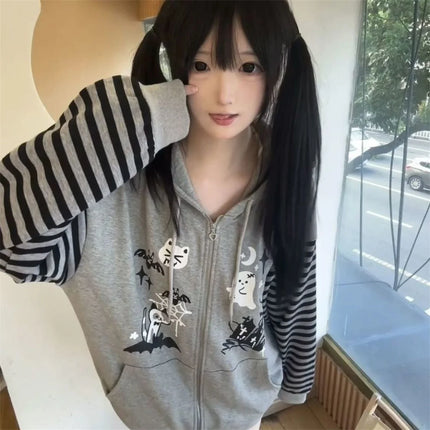 Japanese Harajuku Kawaii Long Sleeve Hoodie Women Cat Ears Sweet Sweatshirt Lace Striped Zipper Casual Cartoon 2025 Autumn