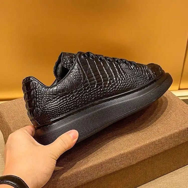 Trend crocodile print black men's breathable shoes running casual sports board shoes natural cowhide soft sole shoes