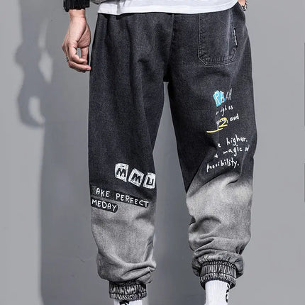Men's Distressed Denim Pants Cuffed, Artistic Gradient Harem Jeans, Oversized Hip Hop Trousers for Spring Fall Versatile Outfits PlatiNum