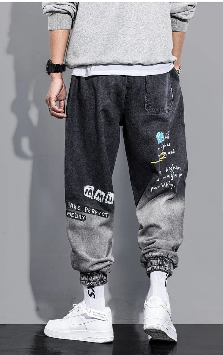 Men's Distressed Denim Pants Cuffed, Artistic Gradient Harem Jeans, Oversized Hip Hop Trousers for Spring Fall Versatile Outfits PlatiNum