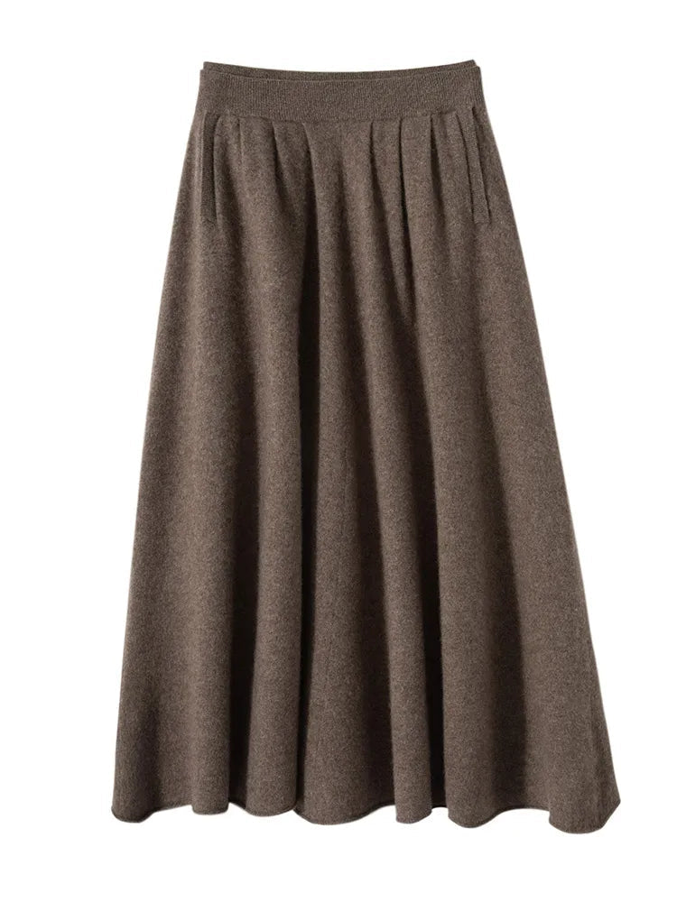 Classic Autumn Winter Wave Skirt 100% Cashmere Skirt Women A-Line Skirt Female Double Elastic Waist Pocket Warm Knit Long Dress PlatiNum