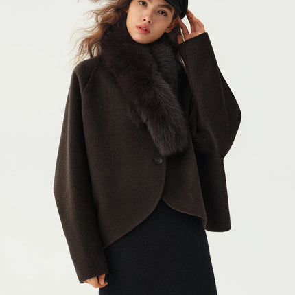 DUSHU Short Wool Coat  Fox Fur Collar and Camel Hair Women Warm Single Breasted Elegant Temperament Winter Batwing Sleeve