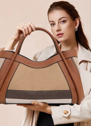 Borsa Tote in Tessuto a Righe con Bordi in Ecopelle, Manico Largo, Borsa a Spalla Grande per Uso Quotidiano e Pendolarismo