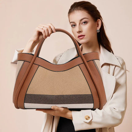 Borsa Tote in Tessuto a Righe con Bordi in Ecopelle, Manico Largo, Borsa a Spalla Grande per Uso Quotidiano e Pendolarismo