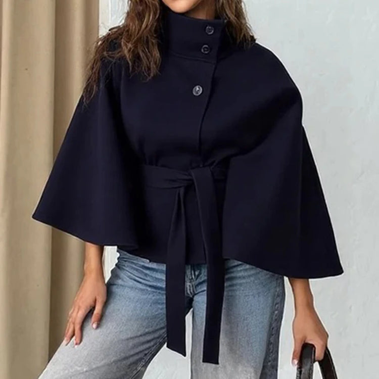 Women Batwing Sleeve Woolen Belted Eclipse Jacket Solid Stand Collar Single Breasted Lace Up Coat Fall Winter Chic Outerwear