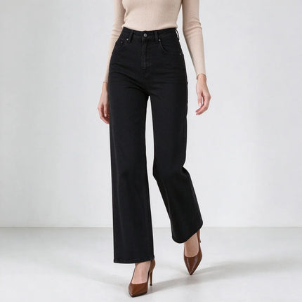 Women High Waist Black Flared Stretch Jeans, Loose Fit Denim Pants with Stitching Details, Elegant Casual Fashion Trousers for All Seasons, Sizes XS-XL Fx1338-1