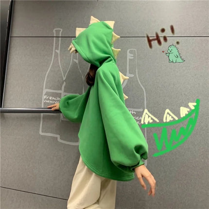 Autumn Women Cartoon Dinosaur Horn Cap Hoodies Harajuku Sweatshirts Cute Front Short Back Long Halloween Dragon Shape Pullovers