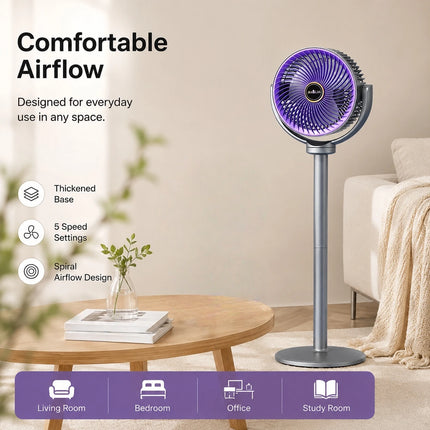 Ventilatore da Terra e da Tavolo 2-in-1 Moderno, 5 Velocità, Potente Flusso d'Aria, Ventilatore USB Portatile per Casa, Camera da Letto, Ufficio