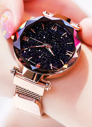 Orologi da donna con cielo stellato alla moda, fibbia magnetica, cintura in rete, orologio al quarzo con diamanti, orologio da donna platinumshop