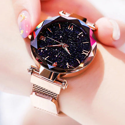 Orologi da donna con cielo stellato alla moda, fibbia magnetica, cintura in rete, orologio al quarzo con diamanti, orologio da donna platinumshop
