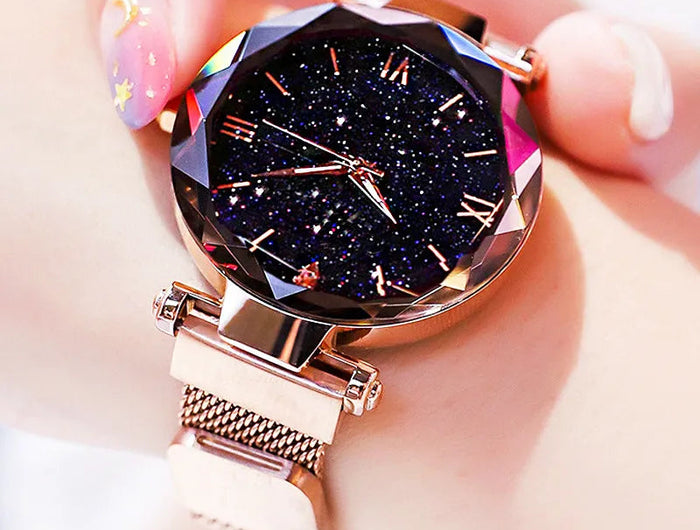 Orologi da donna con cielo stellato alla moda, fibbia magnetica, cintura in rete, orologio al quarzo con diamanti, orologio da donna platinumshop