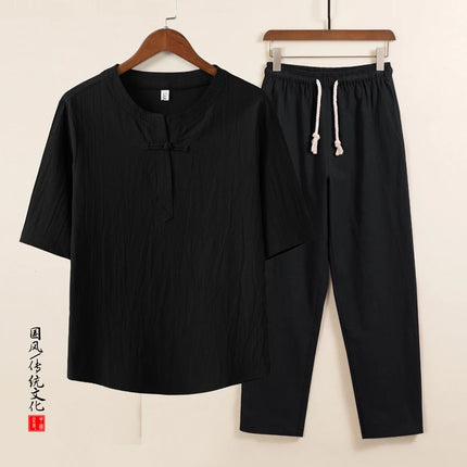 Set da due pezzi da uomo (camicie + pantaloni) in cotone di lino comodo abito Tang pantaloni Kungfu larghi nuova camicia casual retrò a maniche corte da uomo