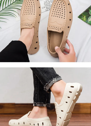 Mocassini Comodi da Uomo in Pelle, Scarpe Antiscivolo da Guida, Sandali Estivi, Zoccoli Casual con Punta Tonda, Scarpe da Lavoro Slip-on