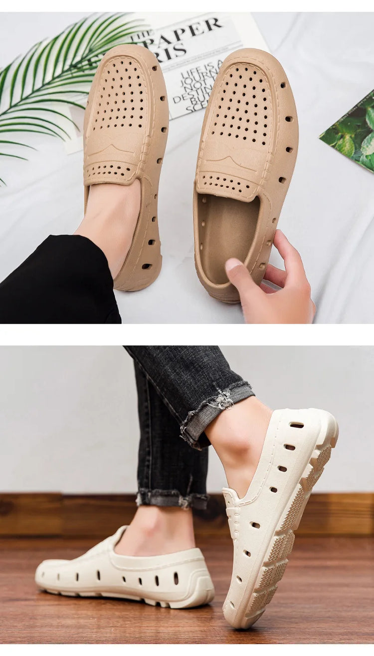 Mocassini Comodi da Uomo in Pelle, Scarpe Antiscivolo da Guida, Sandali Estivi, Zoccoli Casual con Punta Tonda, Scarpe da Lavoro Slip-on