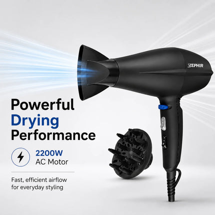 Zephir ZHB2002 Hair Dryer 2200W AC Motor Professional Blow Dryer with Diffuser & Styling Nozzle Black