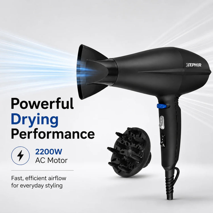 Zephir ZHB2002 Hair Dryer 2200W AC Motor Professional Blow Dryer with Diffuser & Styling Nozzle Black