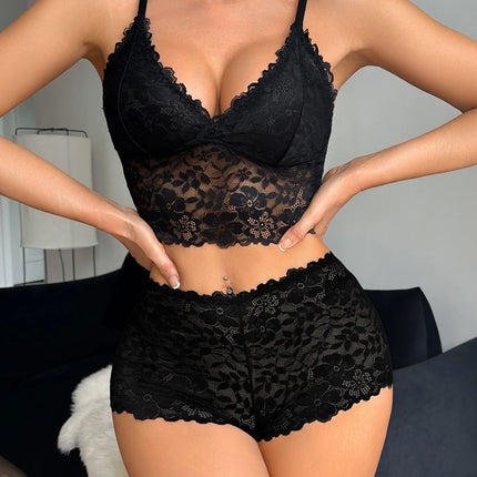 Winter Unlined Lace Women's Underwear Set Hollow-Out Wireless Sexy Bras Breathable Panties Lingerie