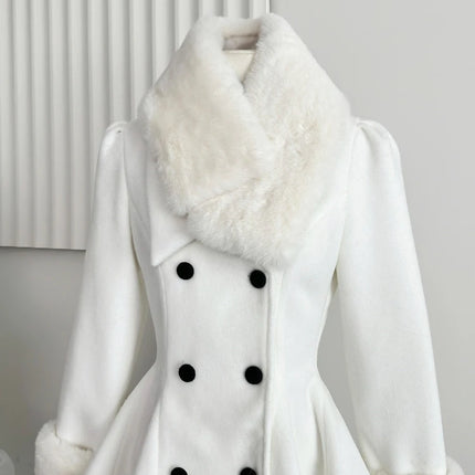 Elegant Warm Winter Fur Collar Woolen Coat Women French Style Hepburn Slim Mid-length Outwear 2025 Vintage Lolita Chic Outfits