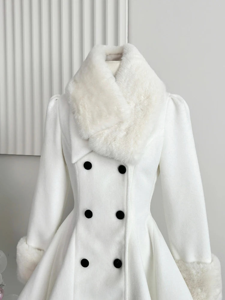 Elegant Warm Winter Fur Collar Woolen Coat Women French Style Hepburn Slim Mid-length Outwear 2025 Vintage Lolita Chic Outfits