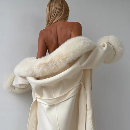Women's Solid Color Lace Up Fur Collar Woolen Overcoat Bathrobe Style Long Loose Coat Advanced Atmosphere Autumn Winter Overwear