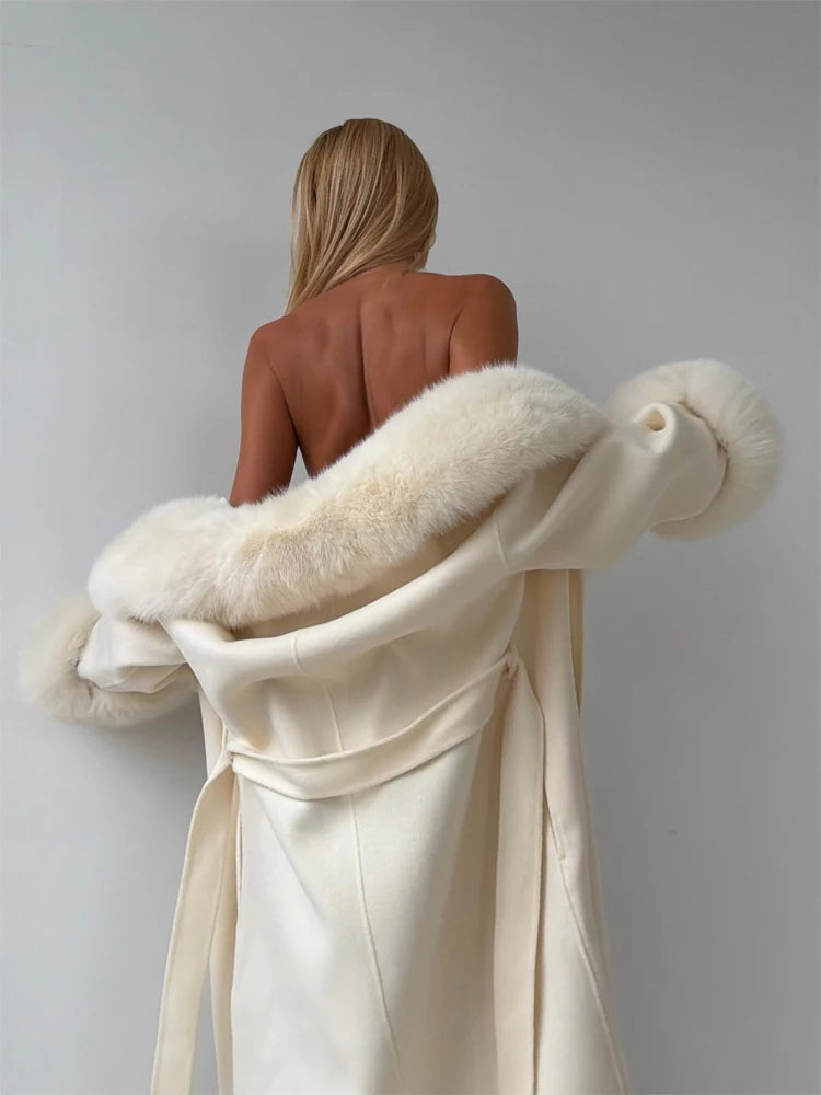Women's Solid Color Lace Up Fur Collar Woolen Overcoat Bathrobe Style Long Loose Coat Advanced Atmosphere Autumn Winter Overwear