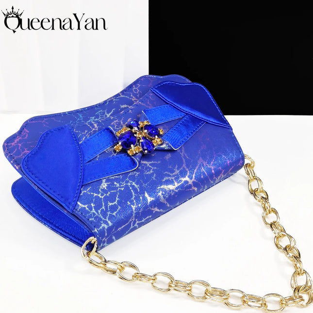 Queena Yan Elegant Blue Pointed Rhinestone Low Heel Shoes and Handbag Set for Women Luxury Wedding Party Footwear and Accessories