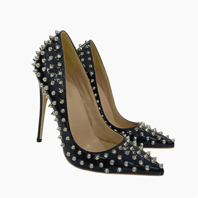 Super Thin Heel 8 10 12CM Sexy All Spikes Rivets Women Pumps Pointed Toe Super High Heels Party Nightclub Fashion Shoes Size 46