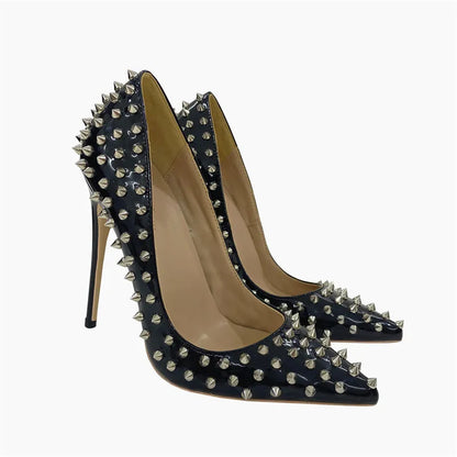 Super Thin Heel 8 10 12CM Sexy All Spikes Rivets Women Pumps Pointed Toe Super High Heels Party Nightclub Fashion Shoes Size 46