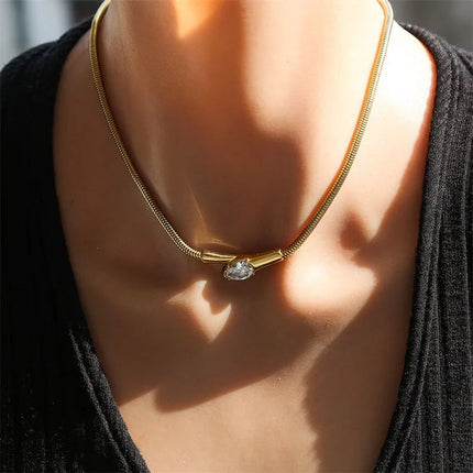 GANEMLY 316L Stainless Steel Snakehead Shining Zircon Necklace Trendy Neck Chain Choker Collar Waterproof Jewelry For Women PlatiNum