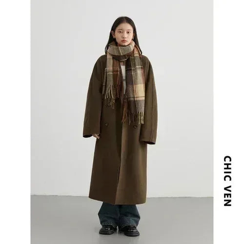 CHIC VEN Women Long Double-sided Woolen Coats Retro Loose Female Overcoat Double Breasted Ladies Windbreak Autumn Winter 2026
