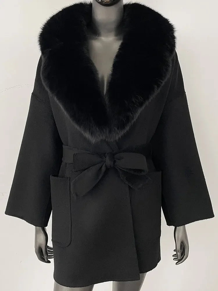 CXFS 2025 Winter Fashion Women Double-sided Wool Cashmere Coat with Detachable Natural Fox Fur Collar New design suit collar