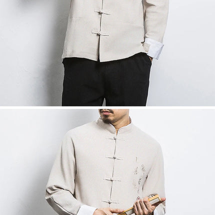 Camicie a maniche lunghe da uomo Ricamo tradizionale in cotone e lino Casual Tang Suit Cardigan da uomo Camicette Kung Fu retrò stile cinese da uomo