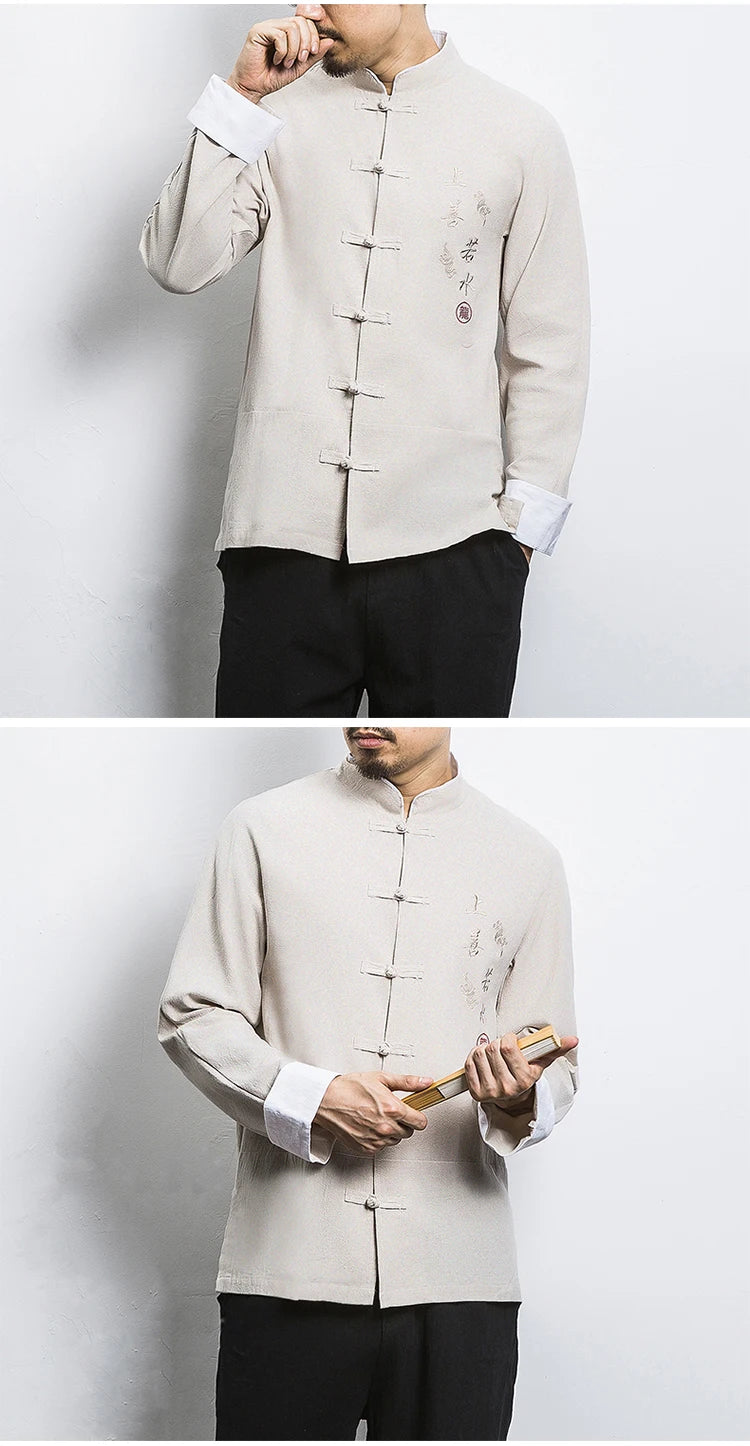 Camicie a maniche lunghe da uomo Ricamo tradizionale in cotone e lino Casual Tang Suit Cardigan da uomo Camicette Kung Fu retrò stile cinese da uomo