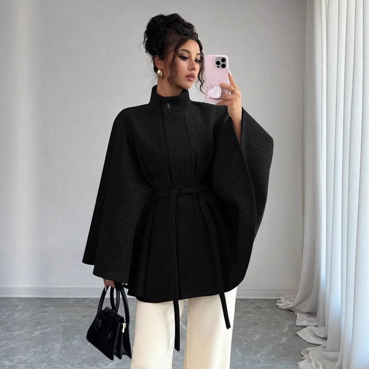 Elegant Women's Woolen Coat Autumn Winter Stand up Collar Cape Style Design Tie Waist Atmospheric Fashionable Ladies Outerwear