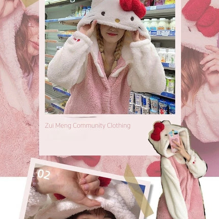 2025 Hello Kitty Pajamas Women'S Autumn And Winter Coral Velvet Thickened Bathrobe Cute Winter Nightgown Long Women'S Suit
