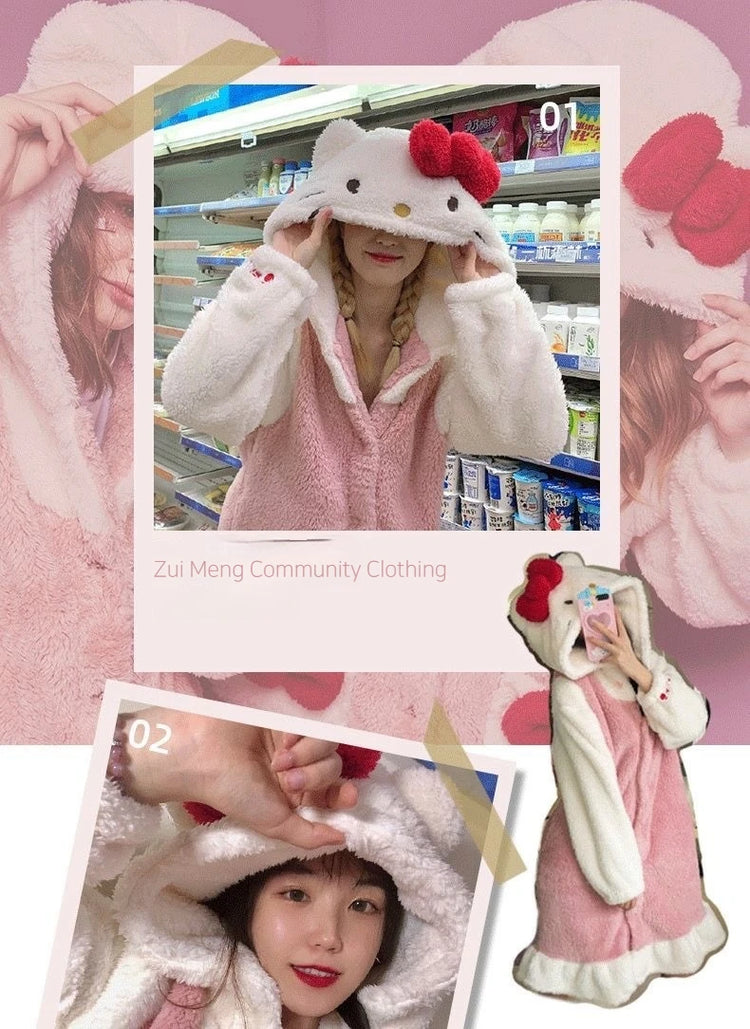 2025 Hello Kitty Pajamas Women'S Autumn And Winter Coral Velvet Thickened Bathrobe Cute Winter Nightgown Long Women'S Suit
