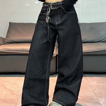 1 paio di jeans larghi con stampa Wing in stile retrò americano, pantaloni neri a gamba larga alla moda e versatili per donna
