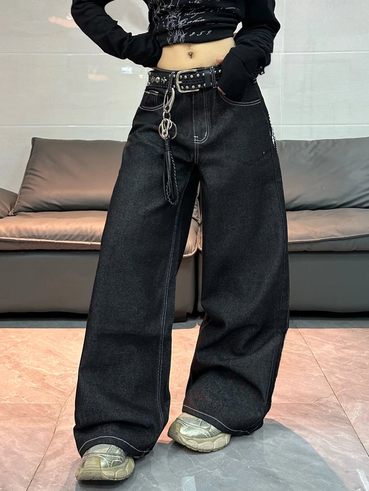 1 paio di jeans larghi con stampa Wing in stile retrò americano, pantaloni neri a gamba larga alla m