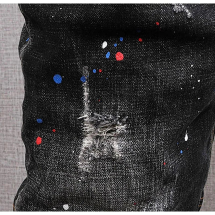 Fashion Streetwear Men Jeans Retro Black Blue Elastic Slim Fit Ripped Jeans Men Spliced Designer Embroidery Hip Hop Denim Pants PlatiNum