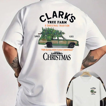 Men's Vintage Christmas Farm Graphic T-Shirt - White Short Sleeve Casual Shirt with Clark's Tree Farm & A Christmas Story Print PlatiNum