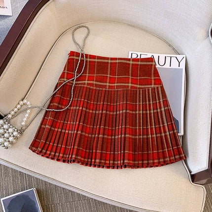 Plaid Pleated Mini Skirt Thick Wool Short Skirt High Waist Box-pleat Miniskirt for Women Teen-girl Preppy Style Outfit PlatiNum