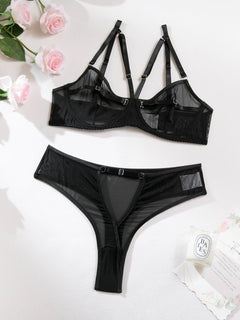 Sexy Black Mesh Lingerie Two Piece Sets Ultrathin See-through Hollow Out Bras And Panties Underwear Suit Erotic Intimate Suits